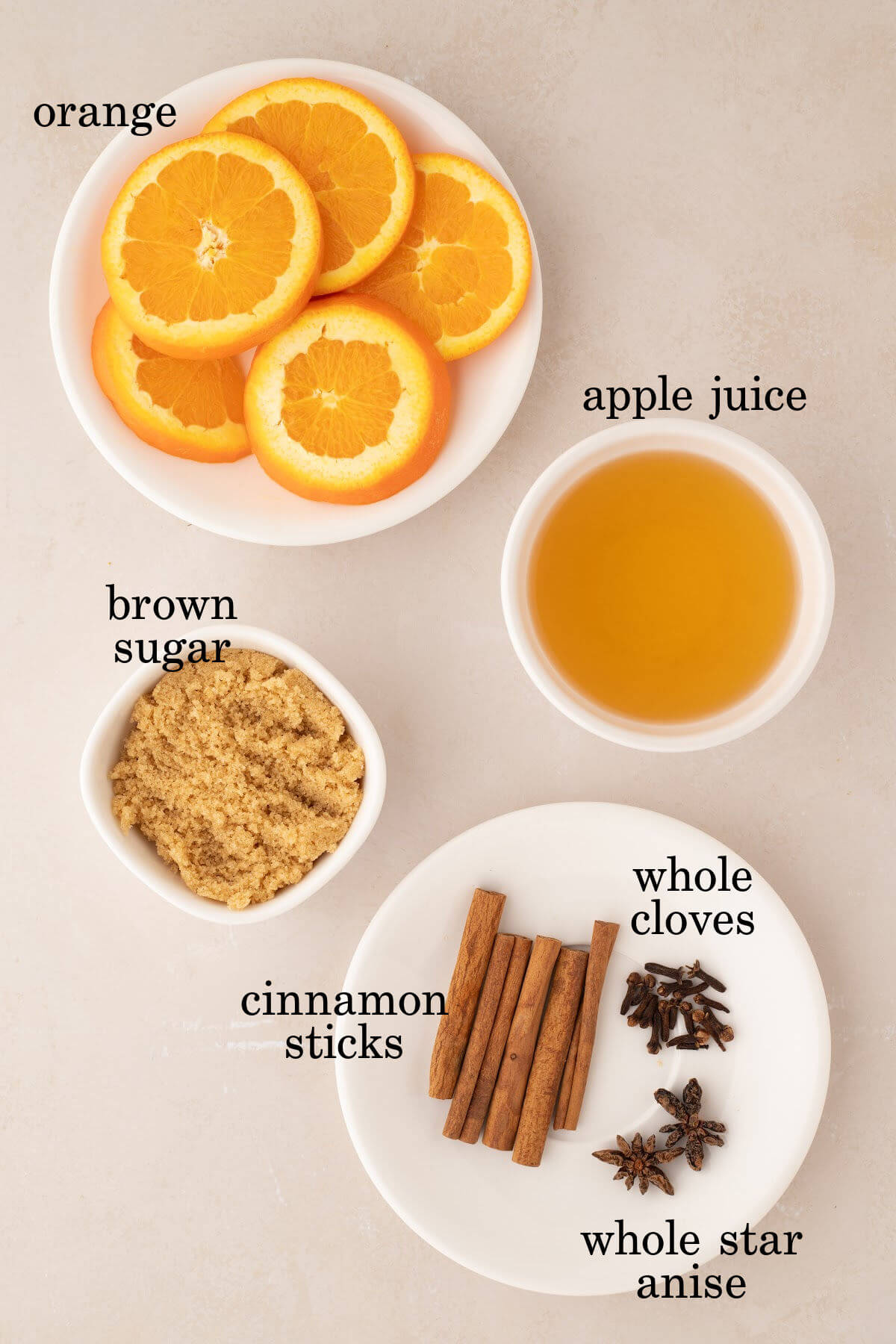 Ingredients in small bowls and plates with text overlay labeling each ingredient.