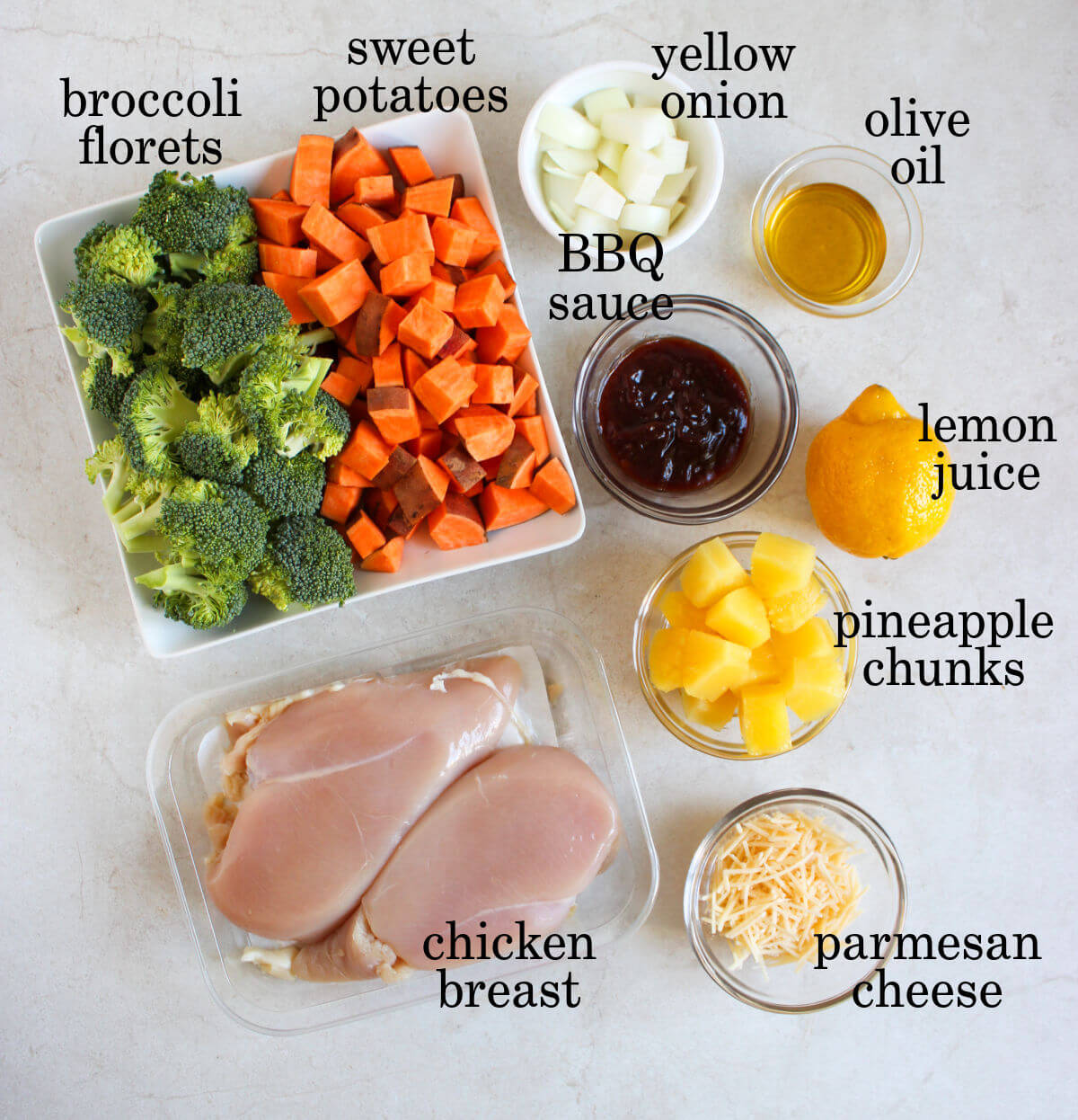 Ingredients for bbq chicken sheet pan dinner.