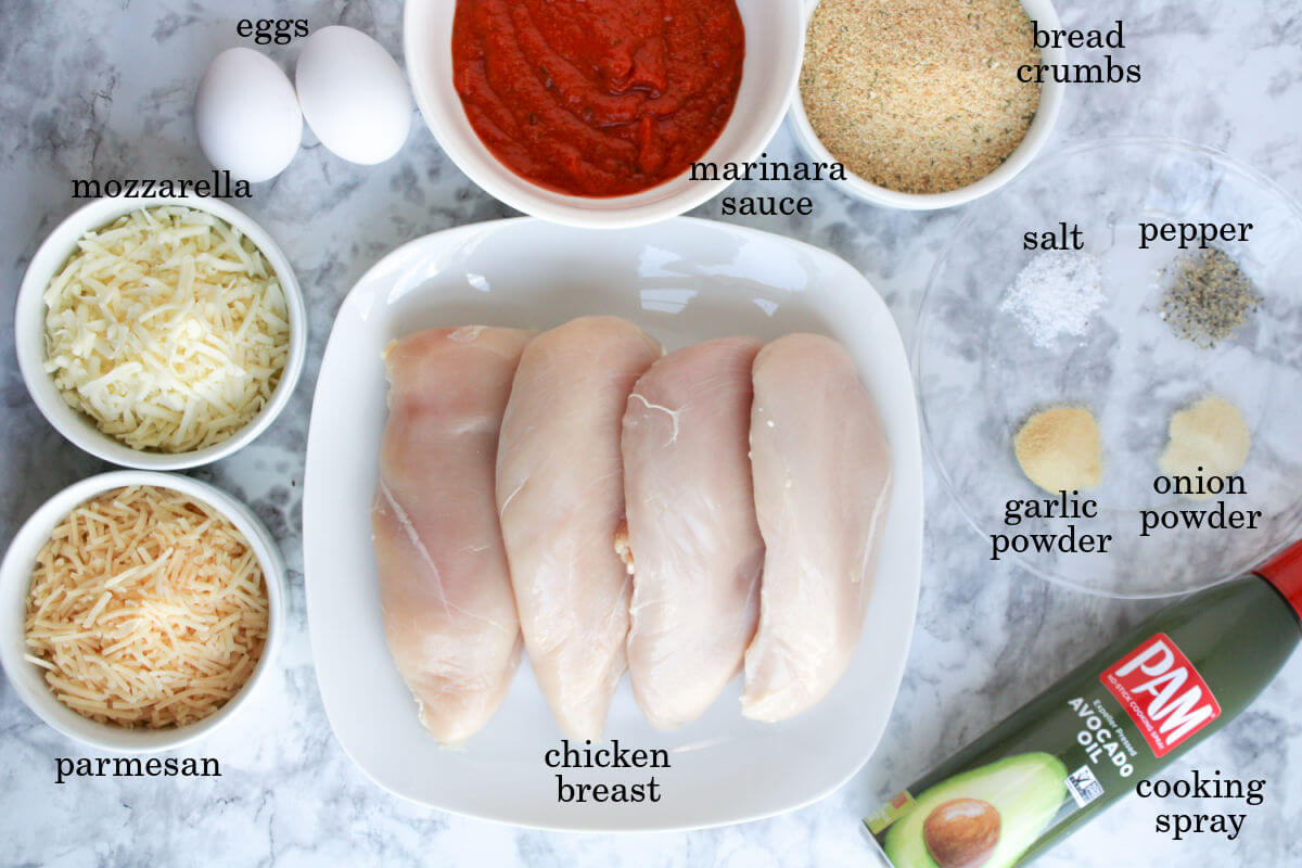 Ingredients for easy baked chicken parmesan.