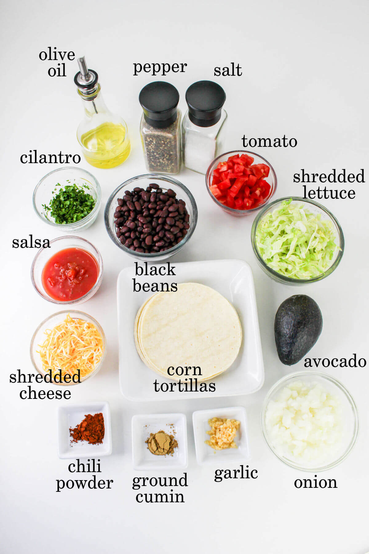 Ingredients for black bean tostadas.