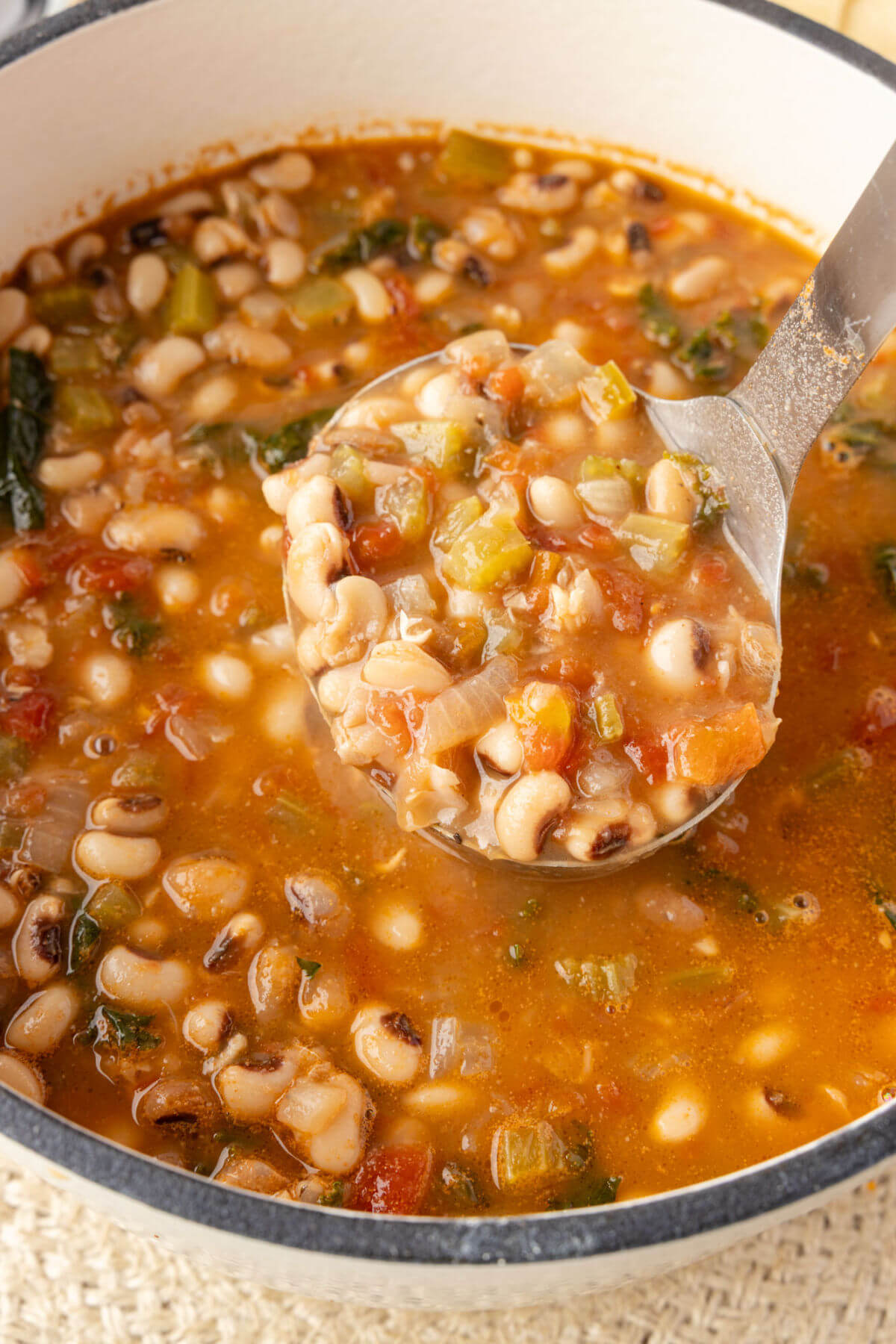 Black eyed pea soup in a Dutch oven.