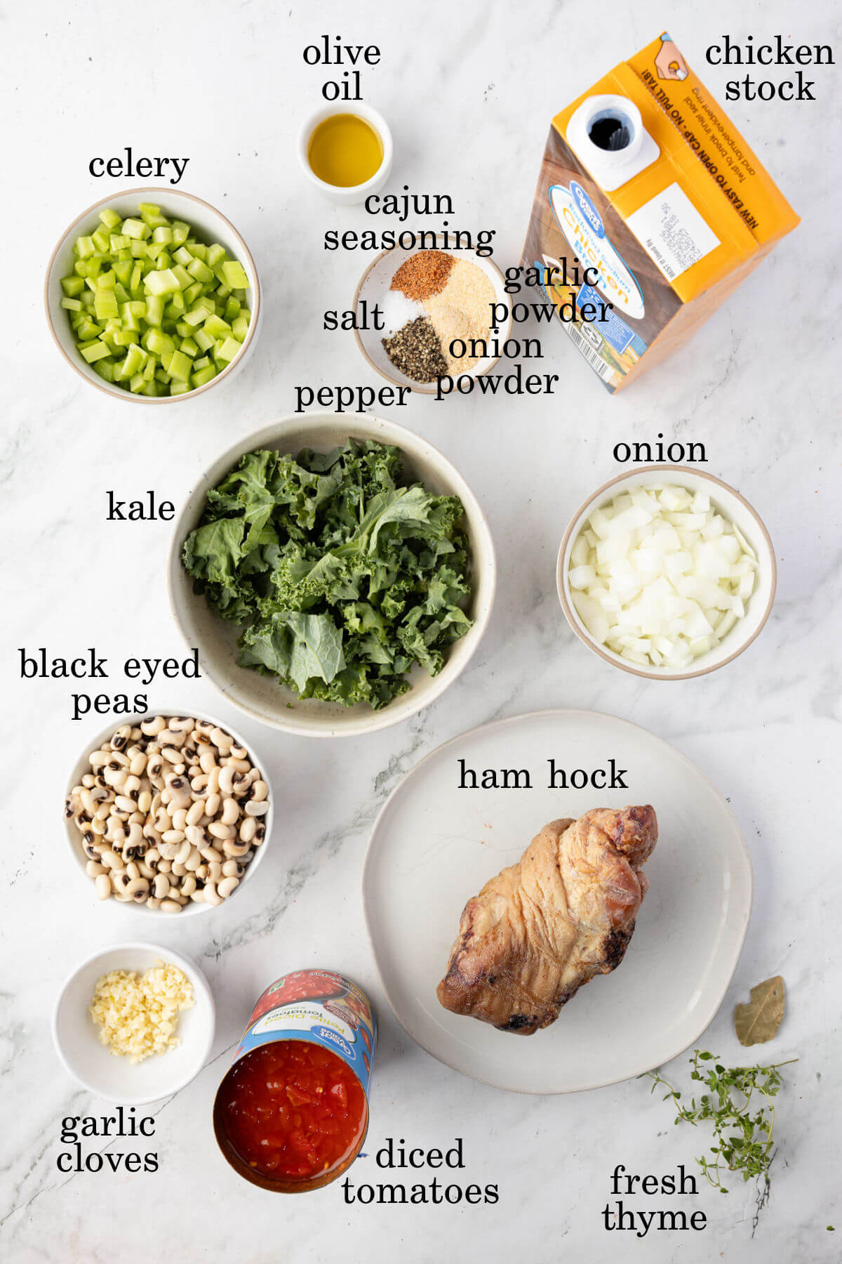 Black eyed pea soup ingredients with text labeling each ingredient.