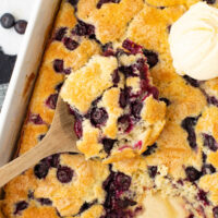 Blueberry cobbler in a white baking dish.