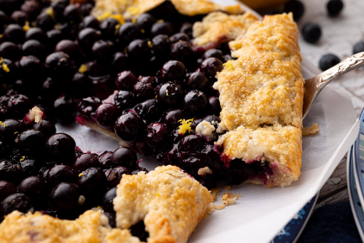 Blueberry sourdough galette on a plate for serving.