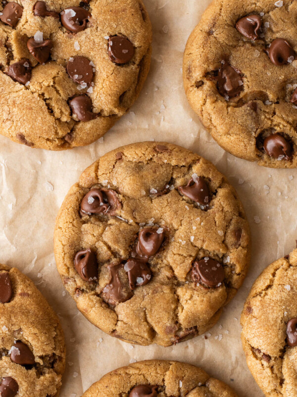 Brown butter chocolate chip cookies on a baking sheet.