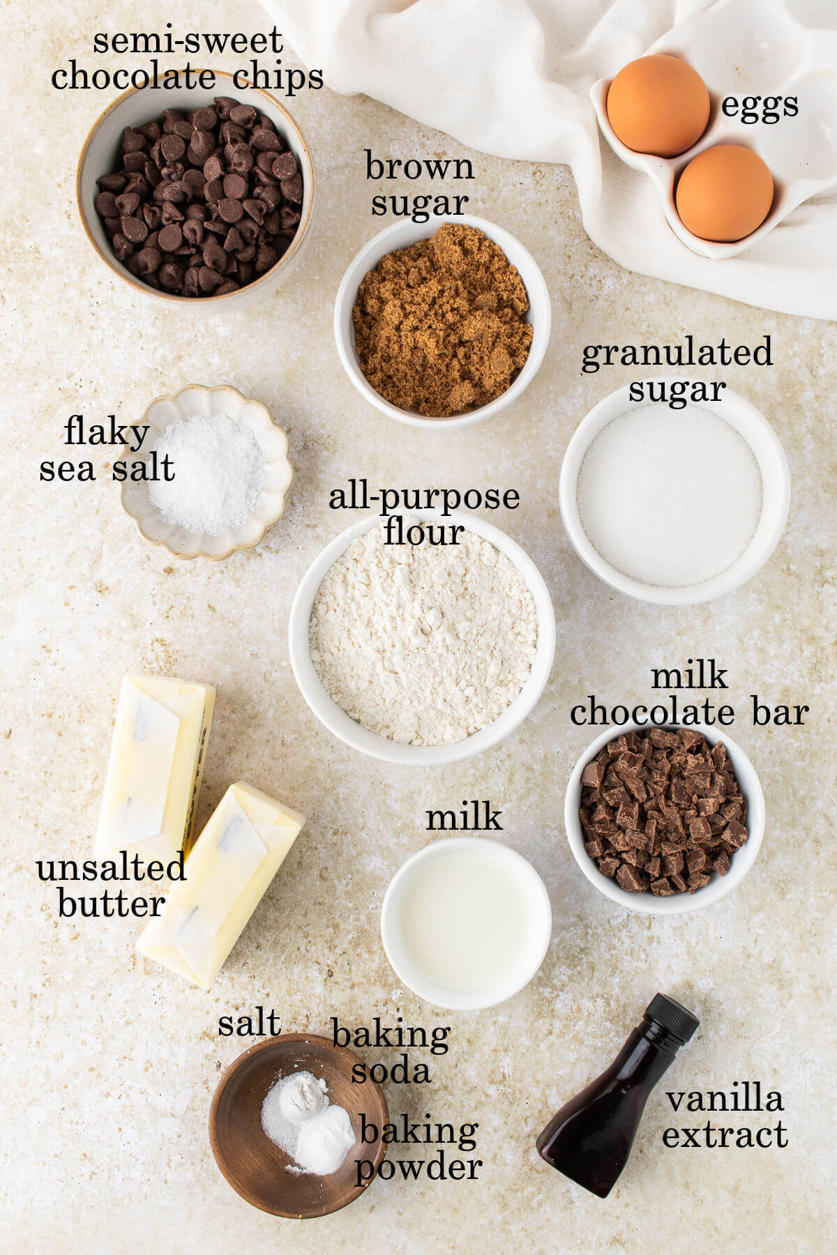Ingredients for brown butter chocolate chip cookies.