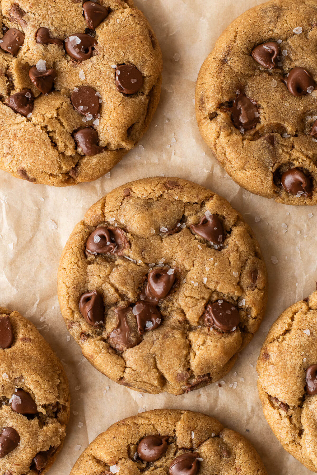Brown butter chocolate chip cookies on a baking sheet.
