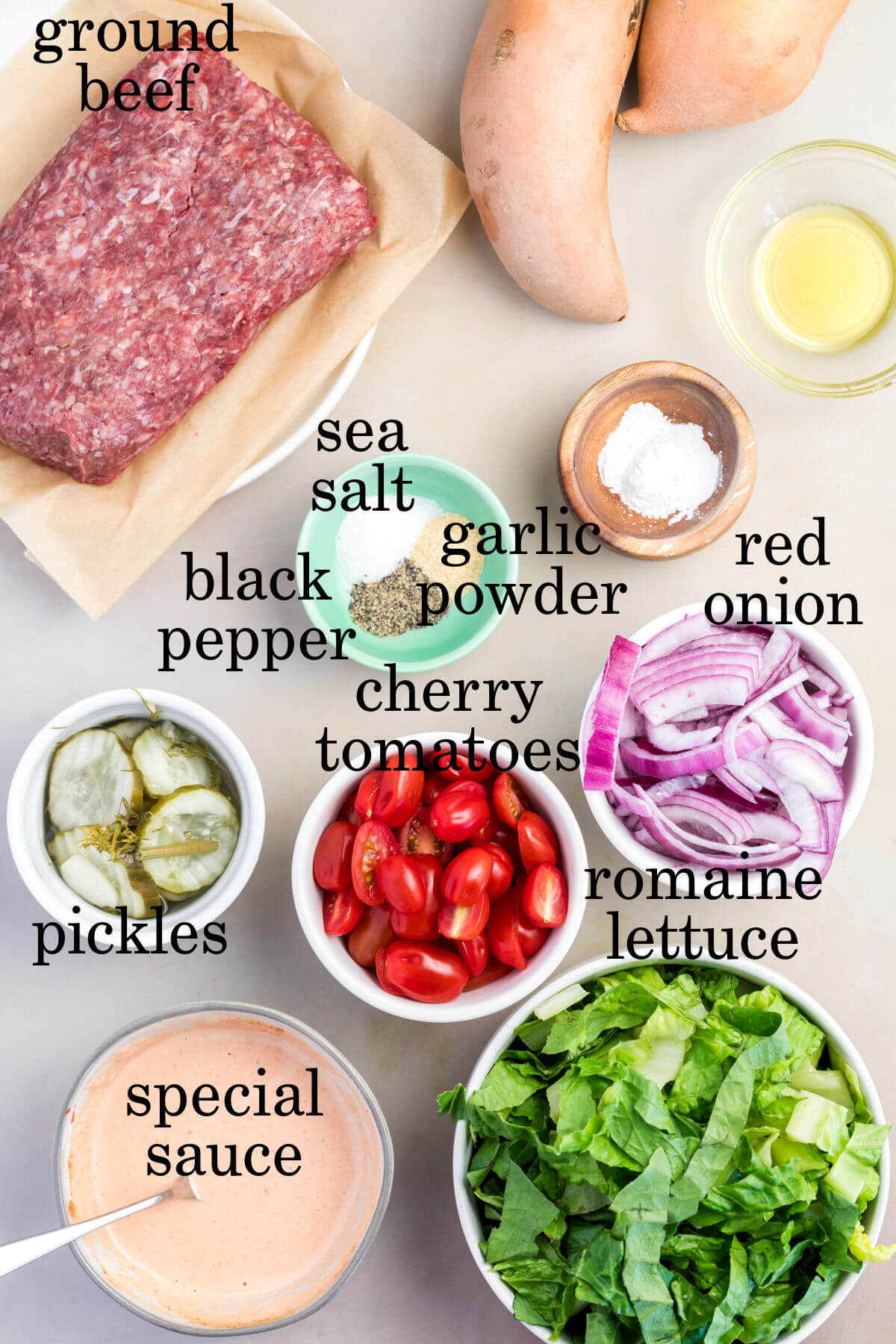 Ingredients for burger bowls recipe with special sauce.