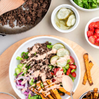 Burger bowls recipe in a bowl ready to serve.
