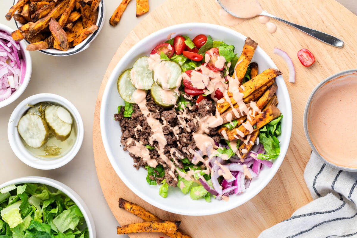 Burger bowls recipe in a bowl for serving.