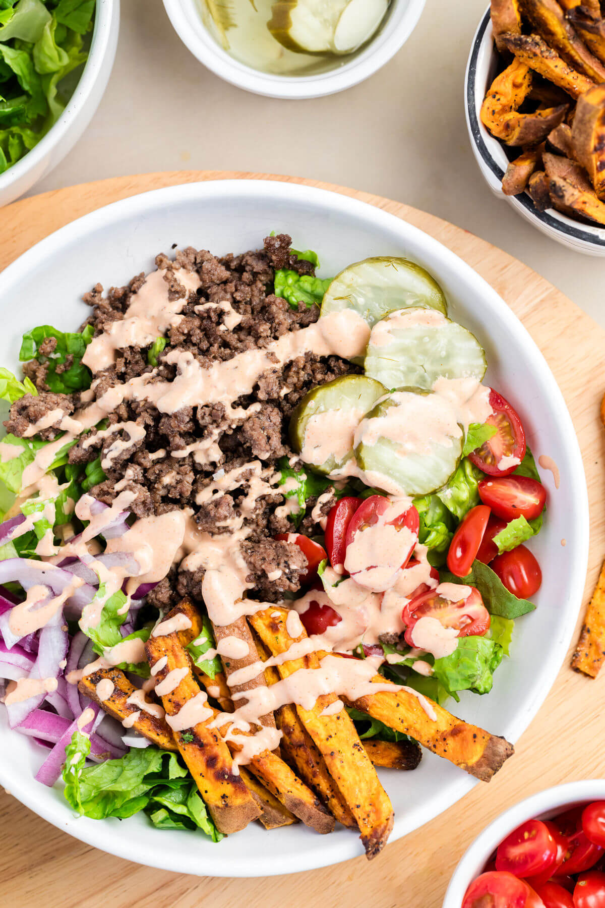 Burger bowl with special sauce in a serving bowl.