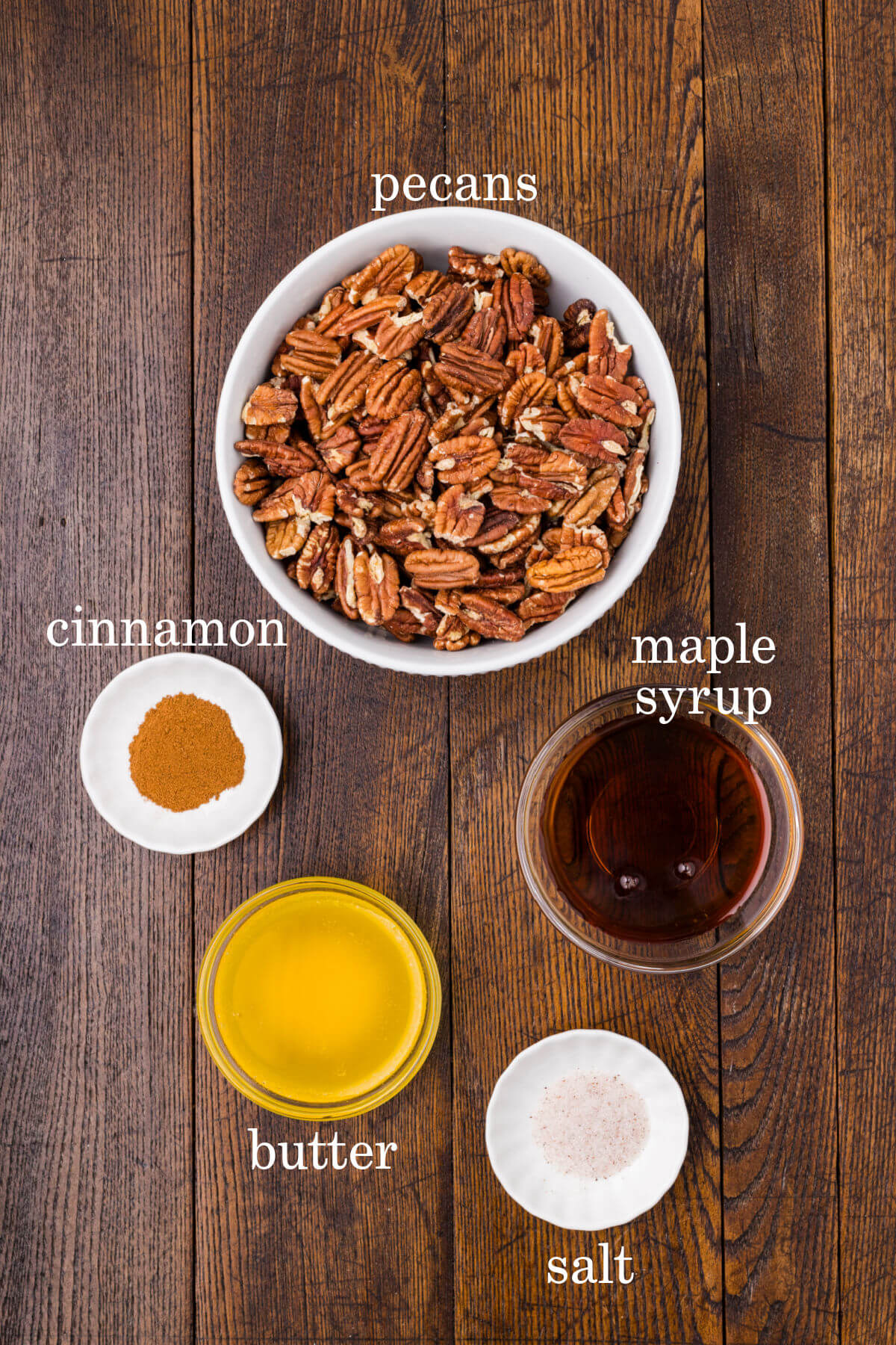 Ingredients for candied maple pecans recipe.