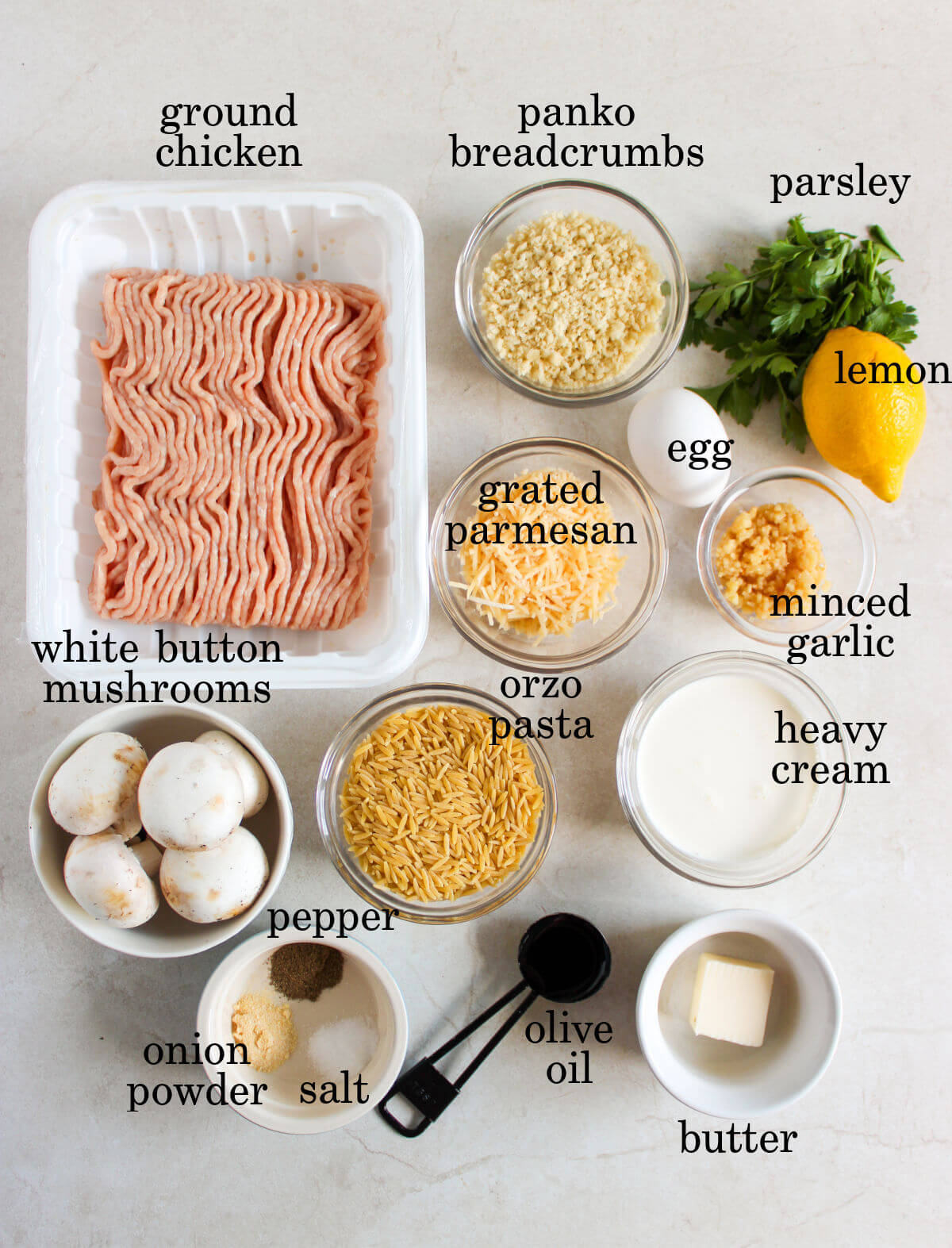 Ingredients for chicken meatballs with orzo.