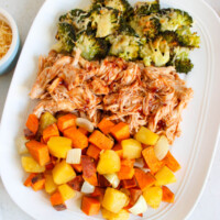 BBQ chicken sheet pan dinner on a platter.