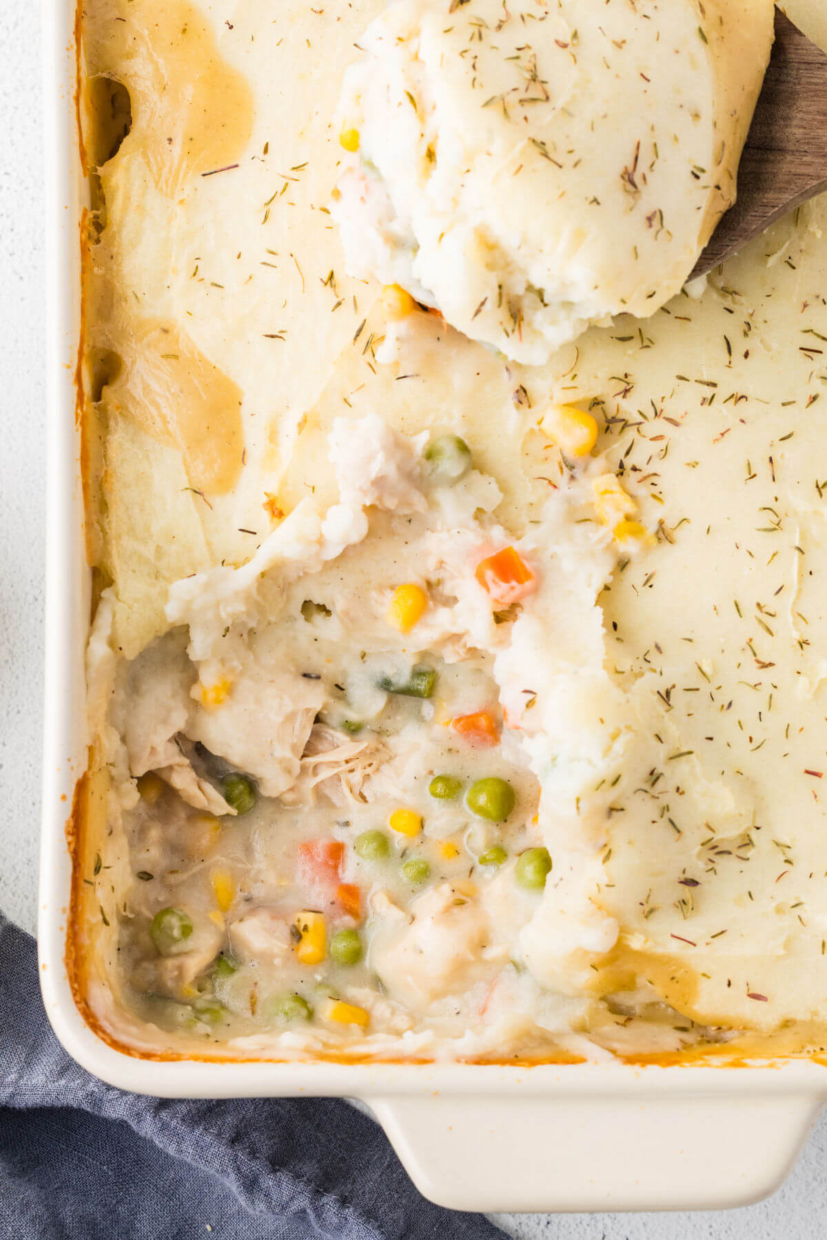 Casserole dish with chicken shepherd's pie.