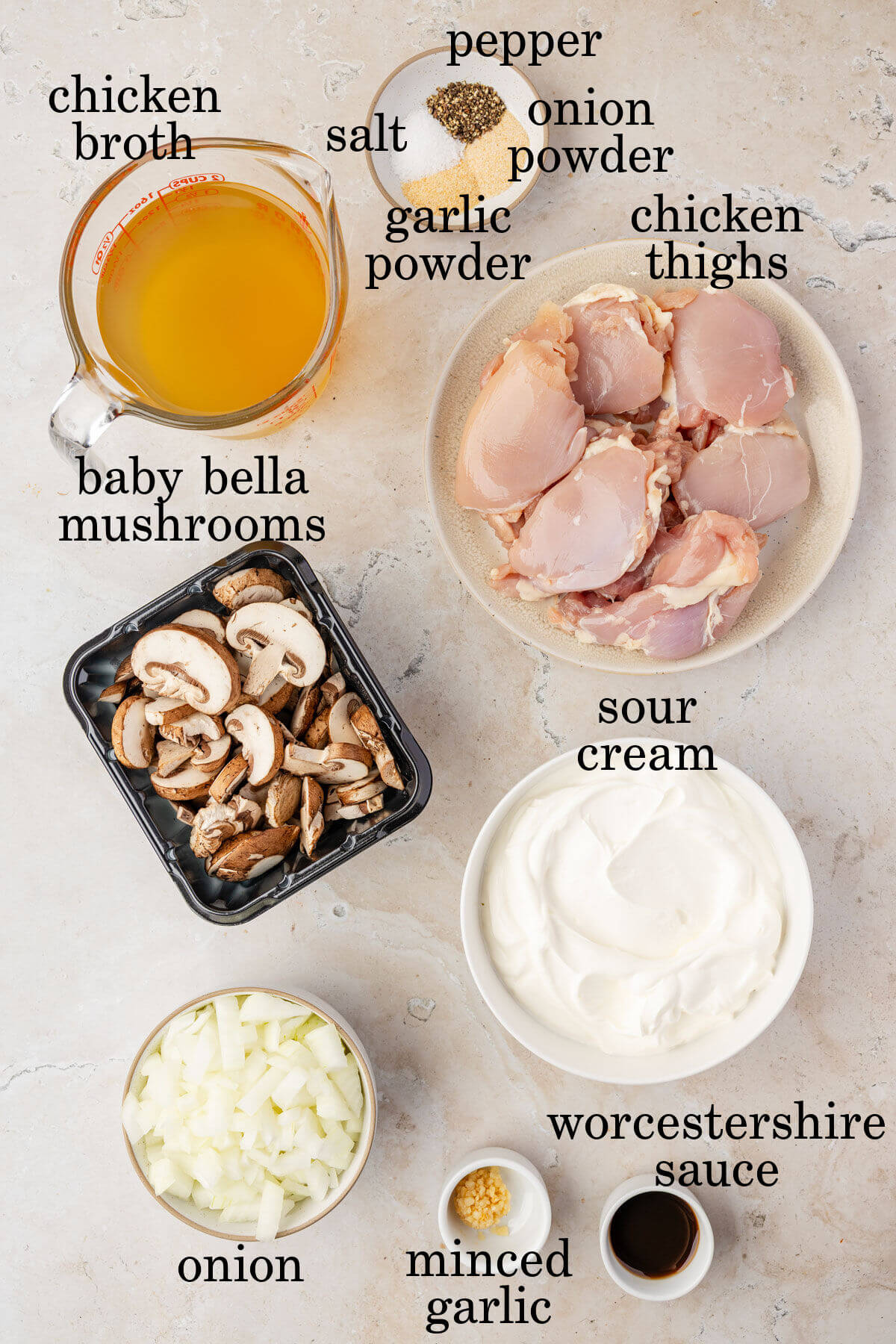 Ingredients for chicken stroganoff.