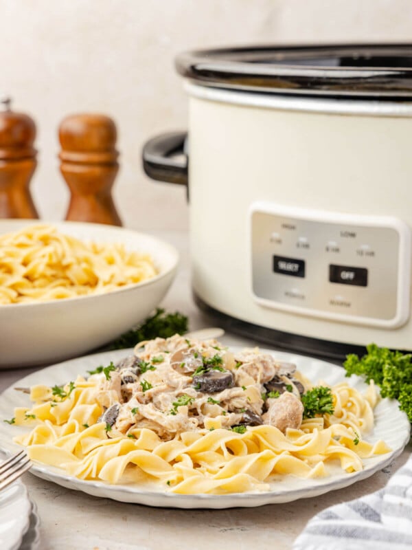 A slow cooker in the background with slow cooker chicken stroganoff in foreground.