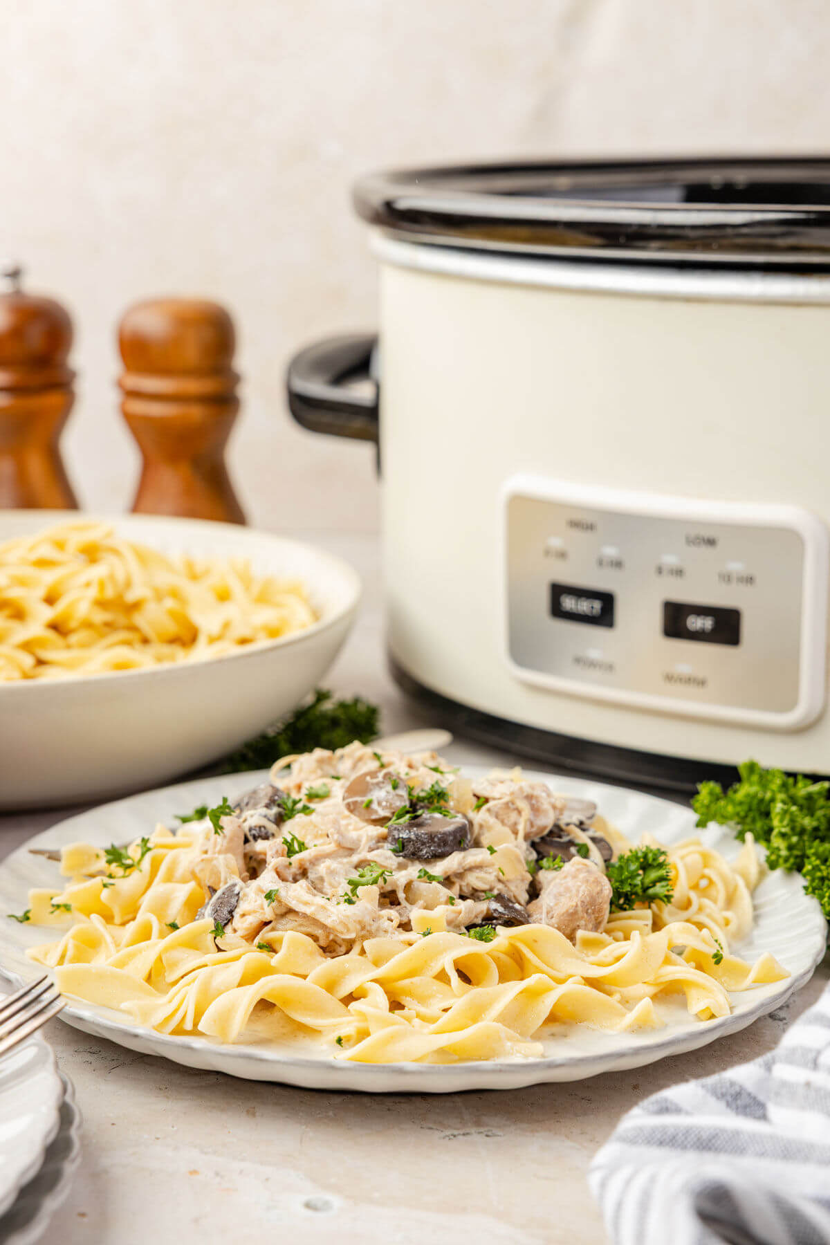 A slow cooker in the background with slow cooker chicken stroganoff in foreground.