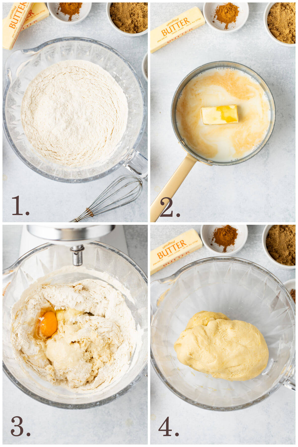 A collage of four photos showing steps 1 through 4 for making chocolate chip cinnamon rolls.
