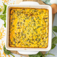 A baking dish filled with cottage cheese egg bake.