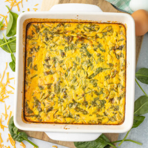 A baking dish filled with cottage cheese egg bake.