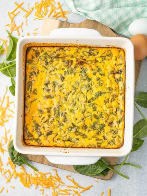 A baking dish filled with cottage cheese egg bake.