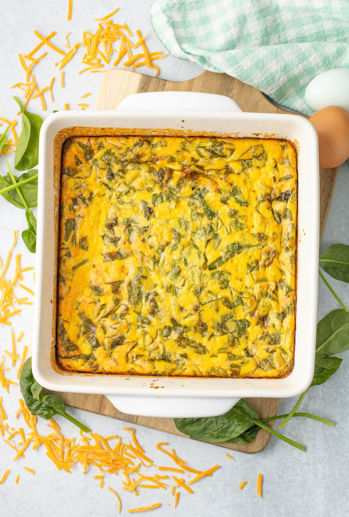 A baking dish filled with cottage cheese egg bake.