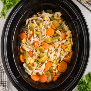 Crock pot chicken noodle soup in a crock pot insert.