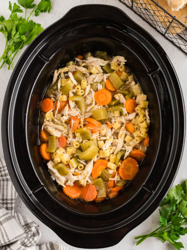 Crock pot chicken noodle soup in a crock pot insert.