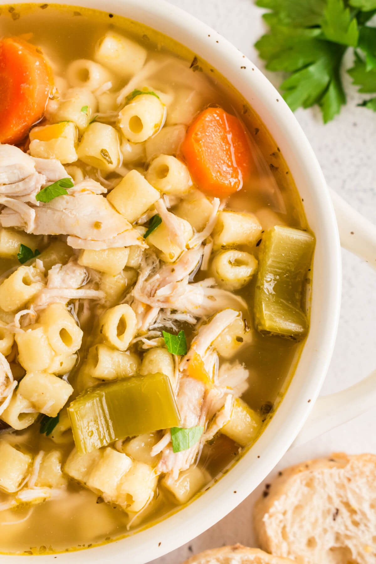 Bowl of crock pot chicken noodle soup.