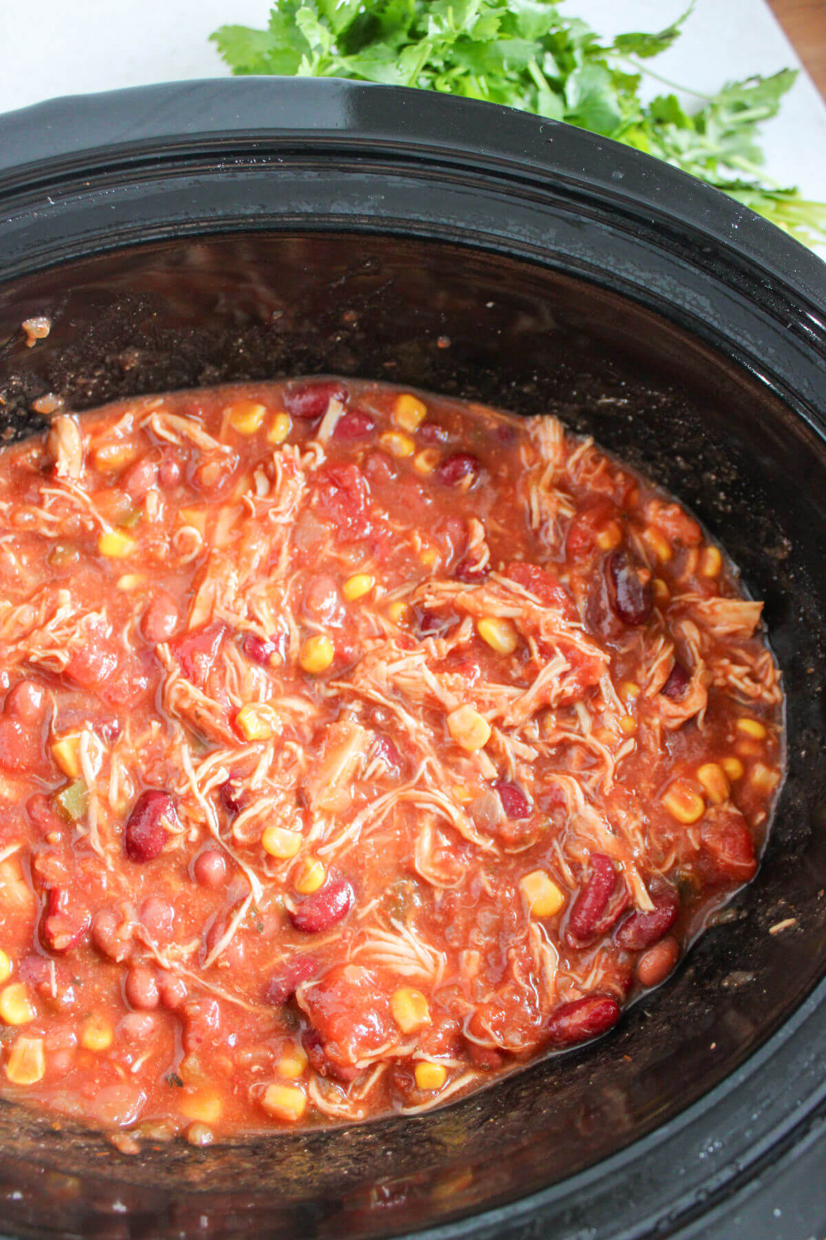 Crockpot full of chicken taco chili.