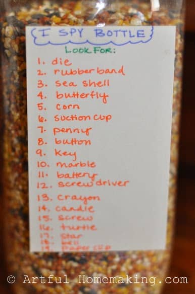 list of items to find in an I Spy bottle activity