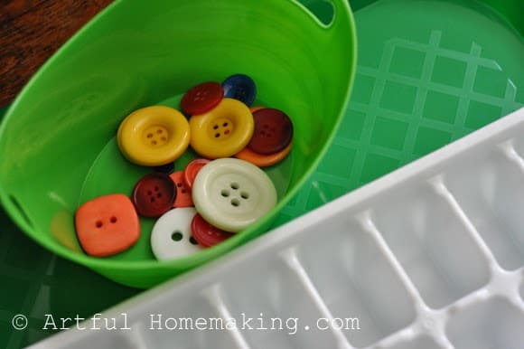 kids buttons sorting activity with ice cube tray