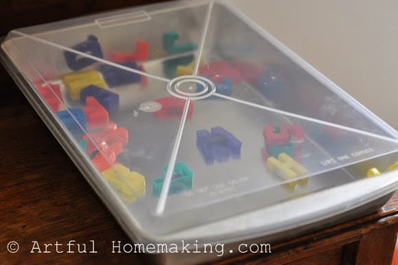 covered cake pan with magnetic letters preschool activity