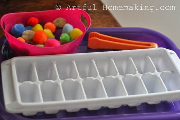 tongs, pom poms, ice cube trays sorting activity