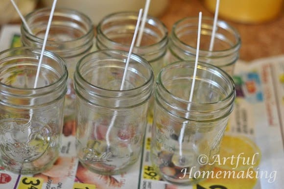empty glass canning jars used to make homemade soy candles