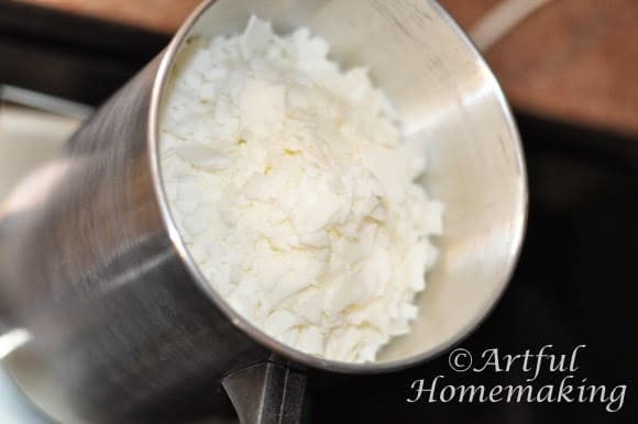 unmelted soy wax in a pot used to make homemade soy candles