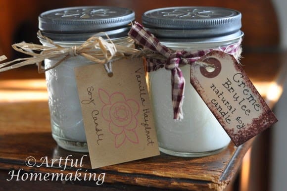 homemade soy candles decorated with gift tags