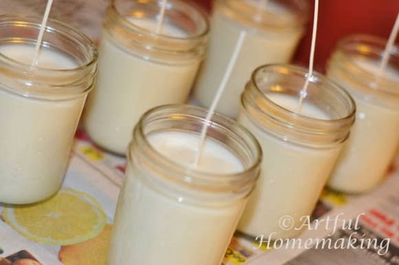 solidified soy wax in glass canning jars with long wicks