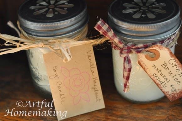 DIY soy candles decorated with jute and ribbon gift tags