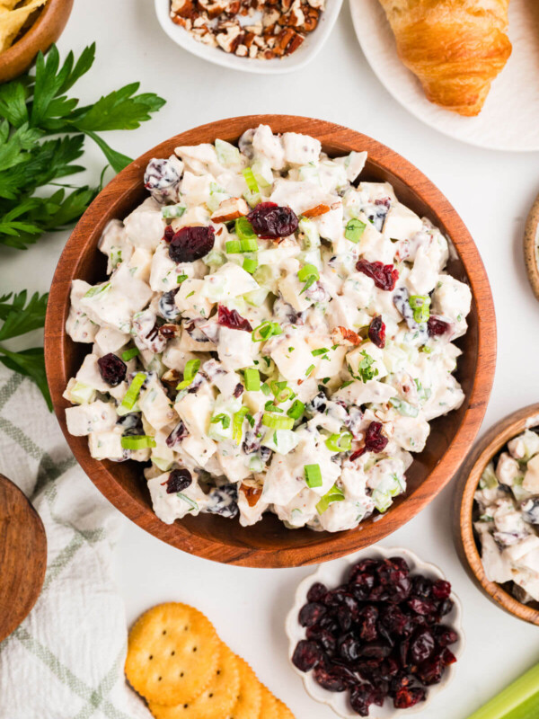 Leftover turkey salad in a wooden bowl.