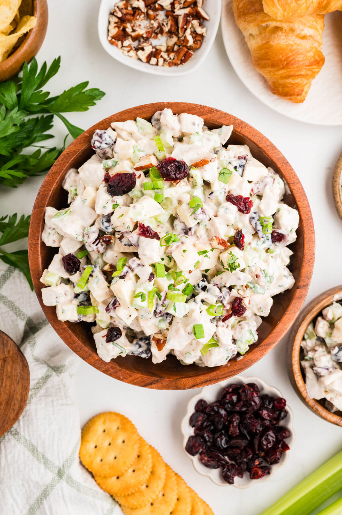 Leftover turkey salad in a wooden bowl.