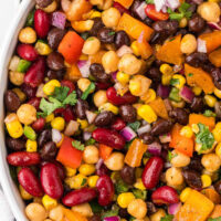 Dense bean salad in a bowl.
