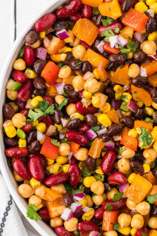 Dense bean salad in a bowl.