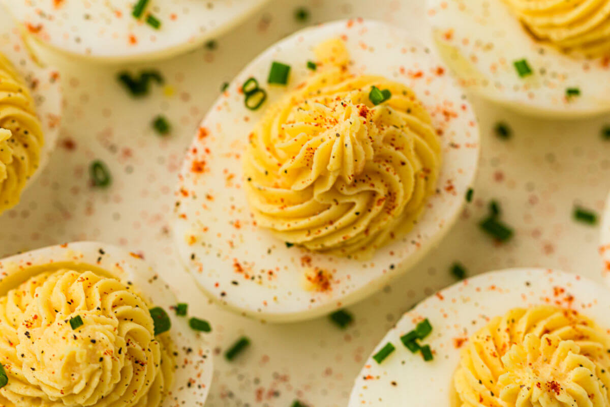 Easy deviled eggs on a white serving platter.