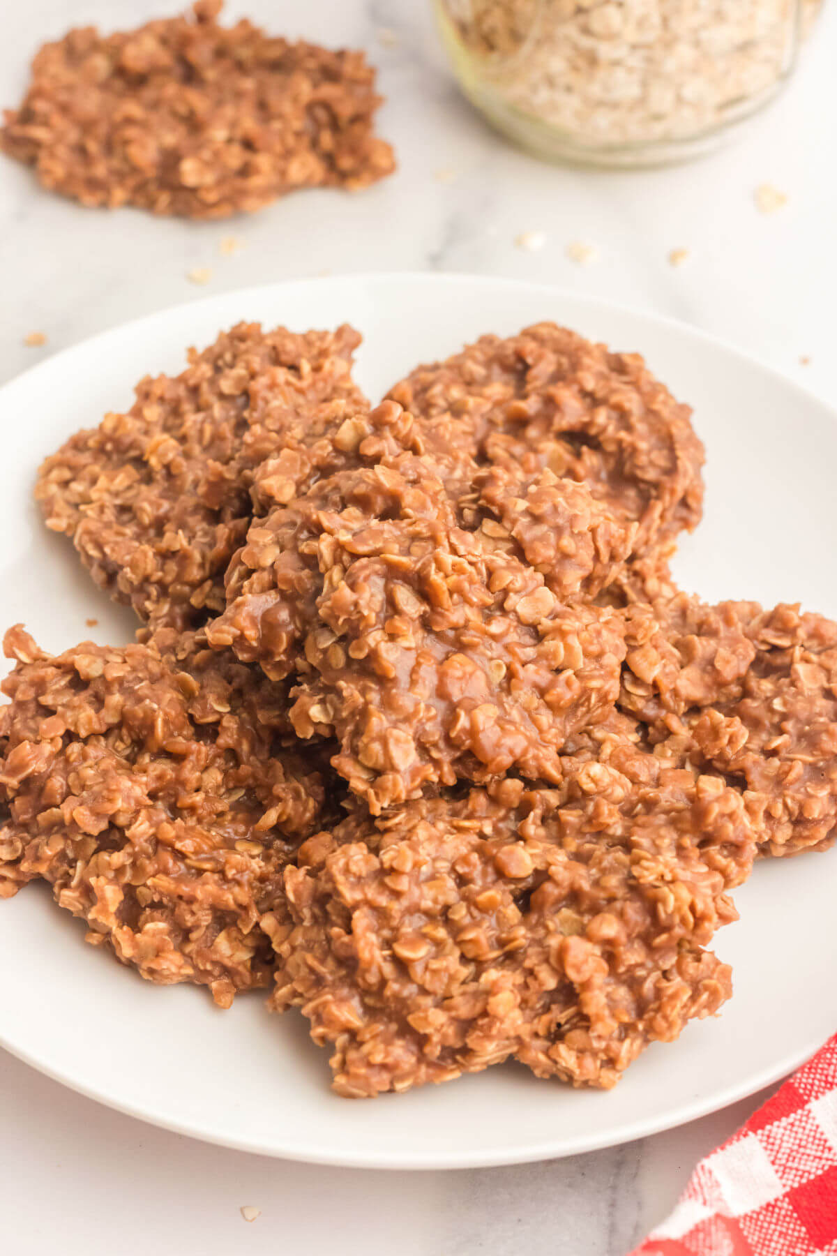 No bake cookies with peanut butter on a serving plate.