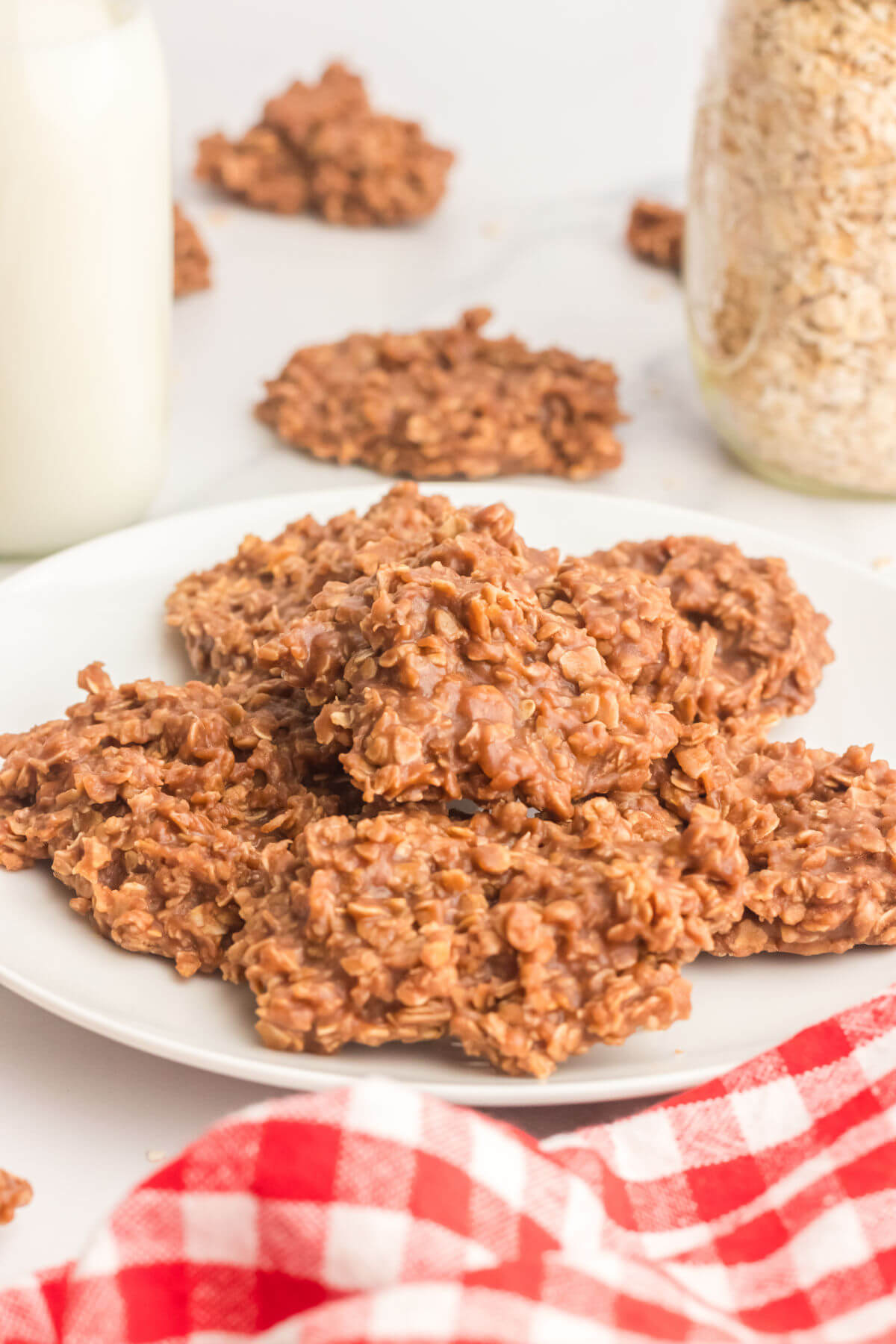 No bake cookies with peanut butter on a plate.
