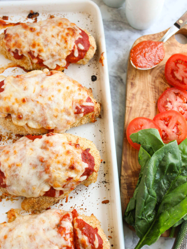 Easy baked chicken parmesan on a serving platter.