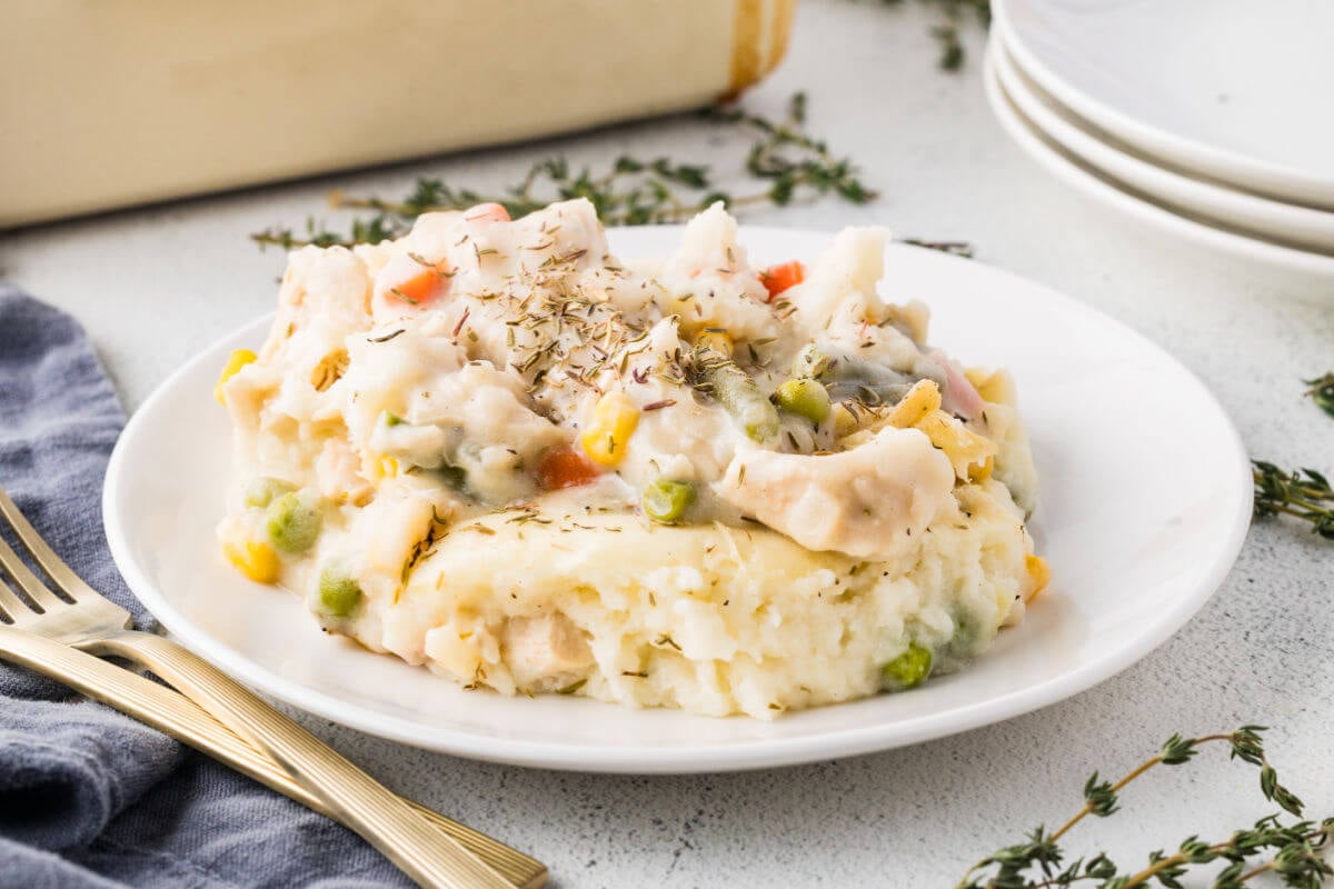 Chicken shepherd's pie on a plate for serving.