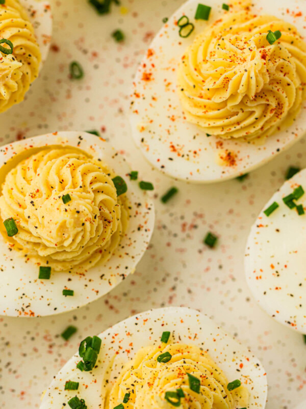 Easy deviled eggs on a serving platter.
